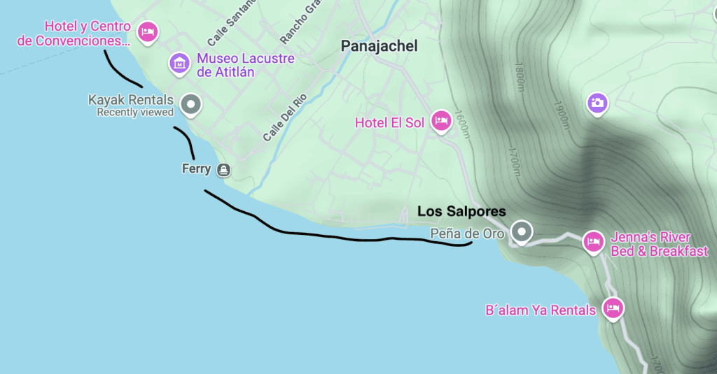 La imagen muestra un mapa de la ruta en kayak por la orilla de Panajachel. Esta ruta cubre la mayor parte de Panajachel, dirigiéndose al este hacia la última franja de playa del pueblo: Los Salpores.