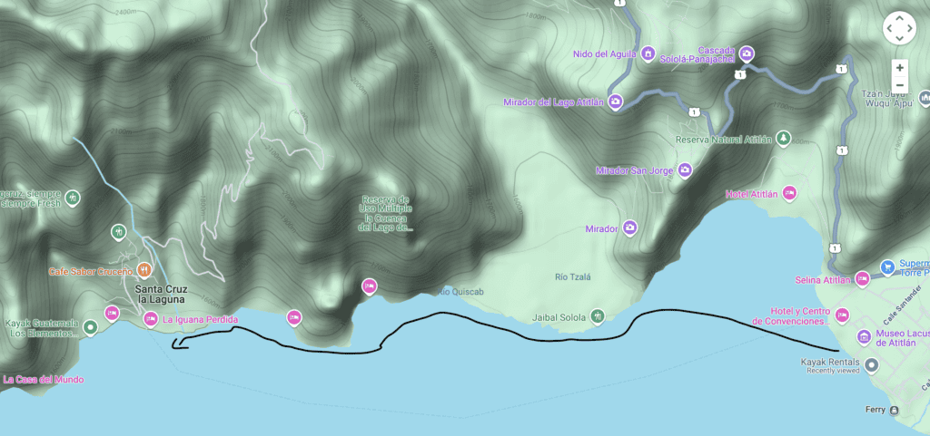 The image is a map of the Panajachel to Santa Cruz la Laguna Kayak route. It cuts across the mouth of the Buenaventura Bay west of Pana and then follows the shoreline past El Jaibal to Santa Cruz.