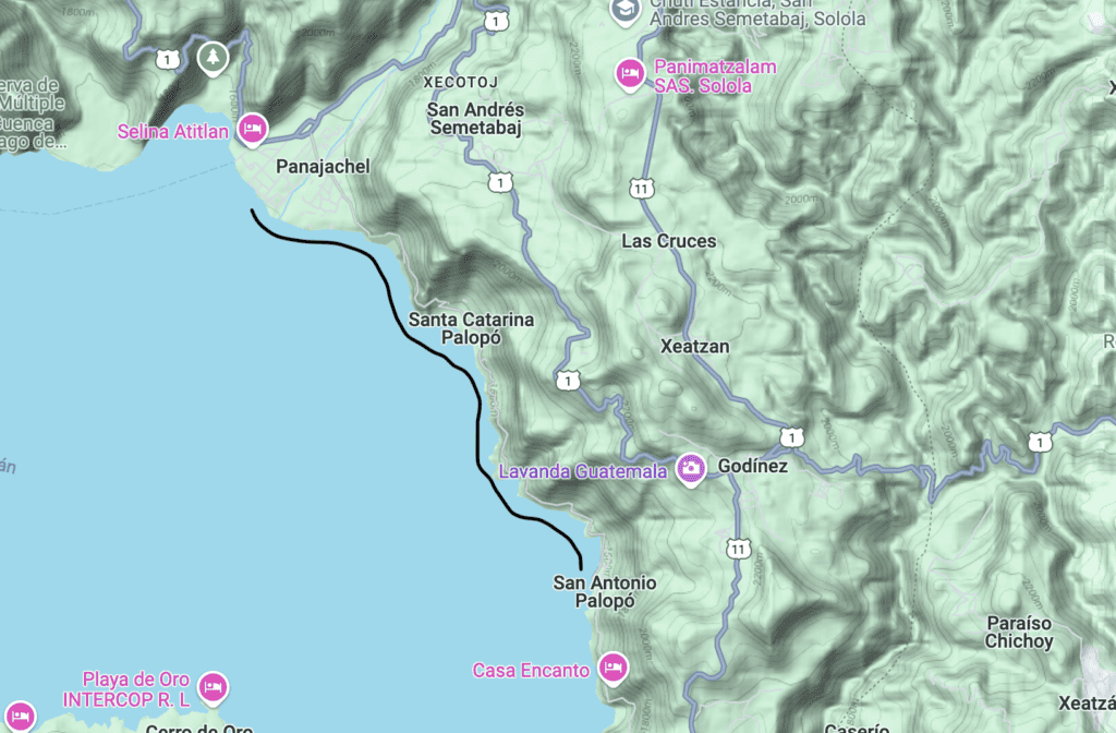 This map shows the kayak route from Panajachel to San Antonio Palopó. The route follows the eastern shoreline, traversing several bays and inlets before reaching the town of San Antonio.