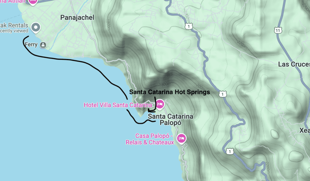 The map shows a route to Kayak from Panajachel to the town of Santa Catarina Palopó. There are hot springs just around the tip of the Santa Catarina Bay where kayakers can stop for a warmer swim.